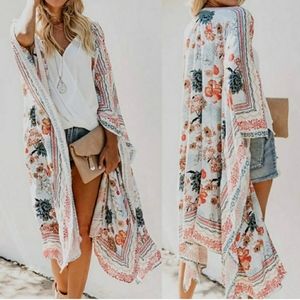 NWT Boho Long Floral Kimono Duster Cardigan Top